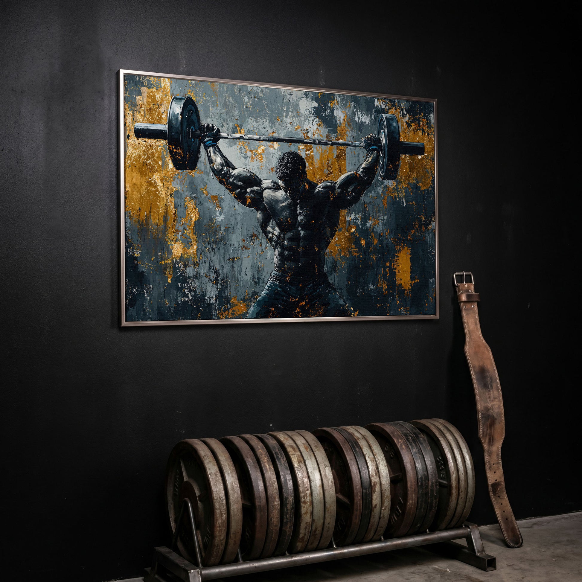 Powerlifter Overhead Canvas Print in Charcoal & Gold in silver floating frame