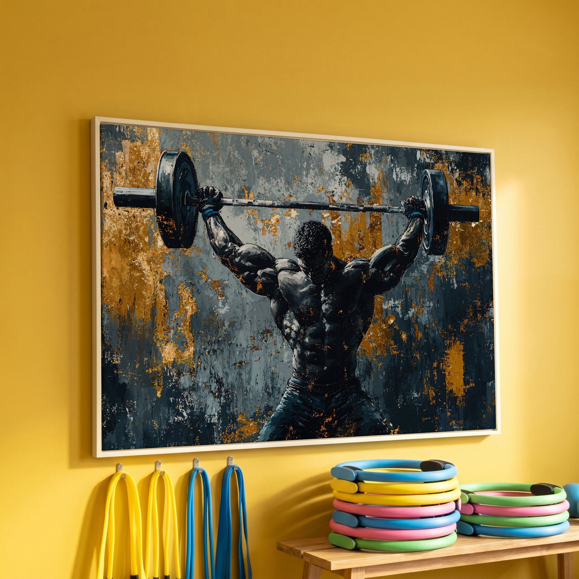 Powerlifter Overhead Canvas Print in Charcoal & Gold in white floating frame