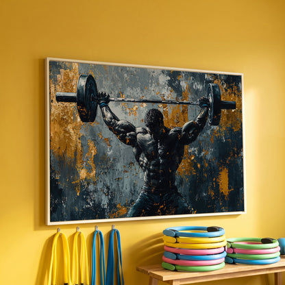 Powerlifter Overhead Canvas Print in Charcoal & Gold in white floating frame