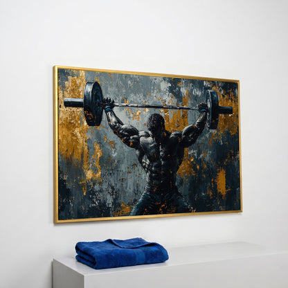 Powerlifter Overhead Canvas Print in Charcoal & Gold in yellow gold floating frame
