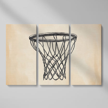 Minimalist Basketball Hoop Line Art Canvas as 3-panel split version