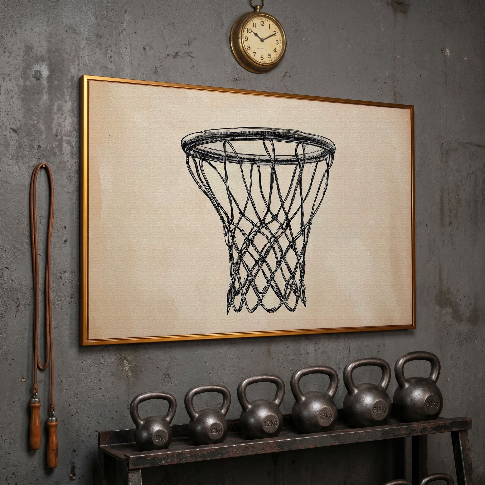 Minimalist Basketball Hoop Line Art Canvas in antique gold floating frame
