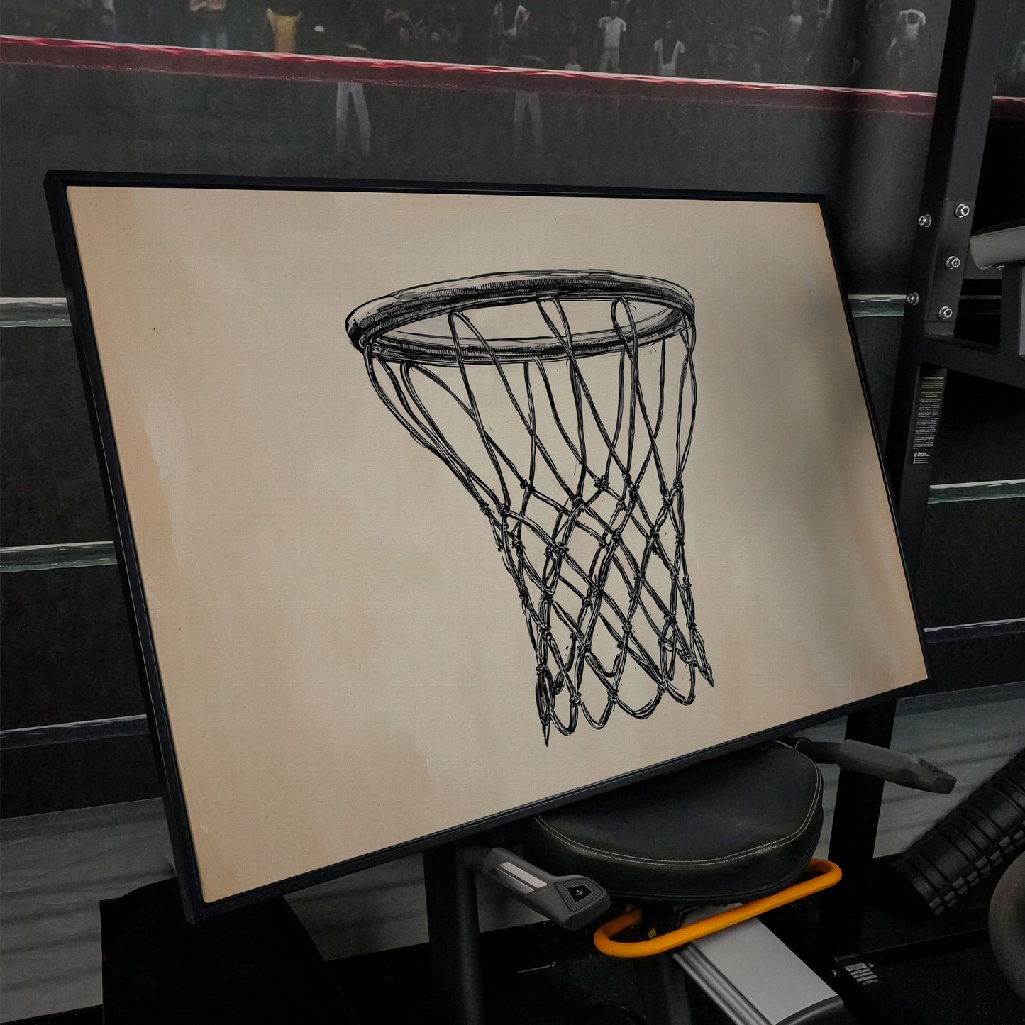Minimalist Basketball Hoop Line Art Canvas in black floating frame