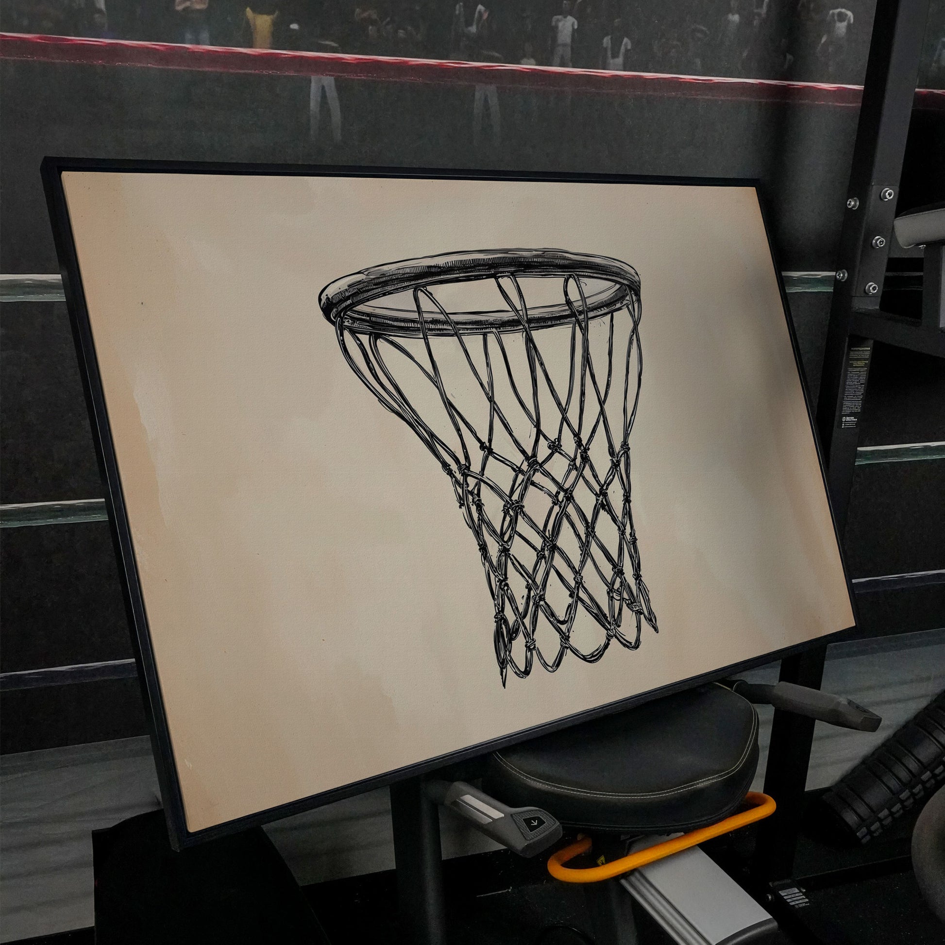 Minimalist Basketball Hoop Line Art Canvas in black floating frame