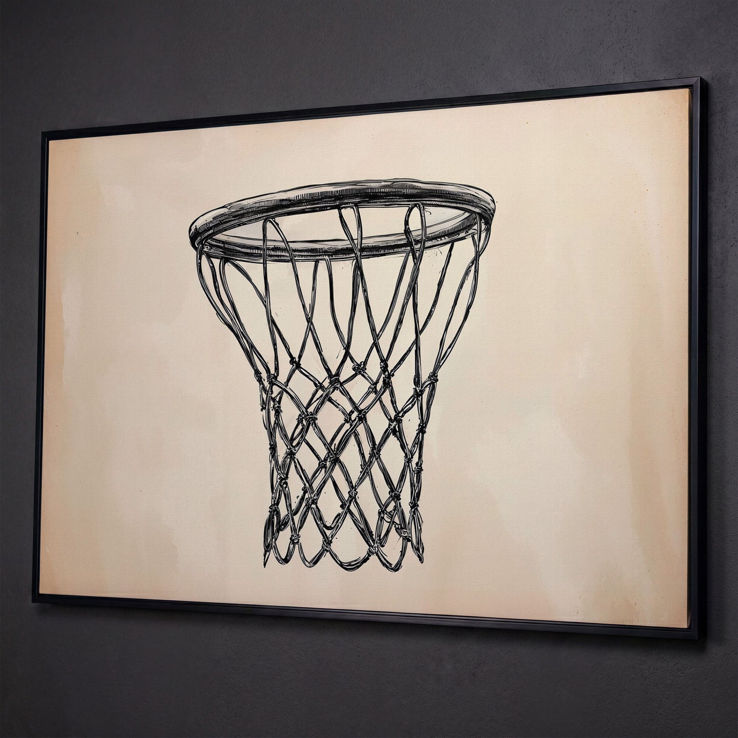 Minimalist Basketball Hoop Line Art Canvas shown in black floating frame
