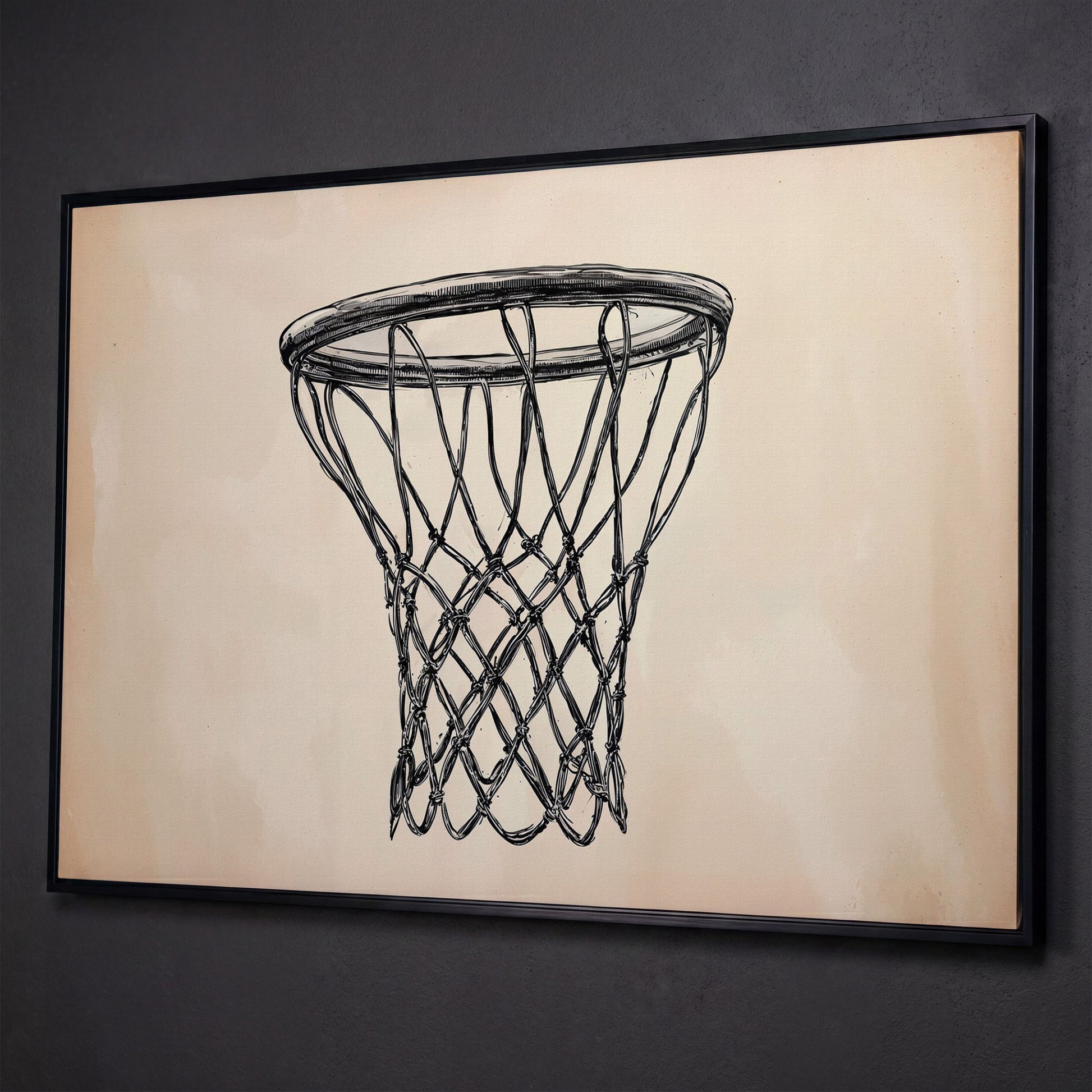 Minimalist Basketball Hoop Line Art Canvas shown in black floating frame