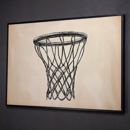Minimalist Basketball Hoop Line Art Canvas shown in black floating frame