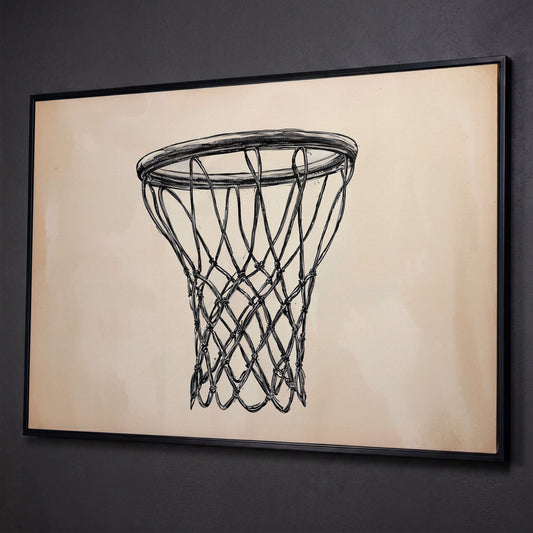 Minimalist Basketball Hoop Line Art Canvas shown in black floating frame