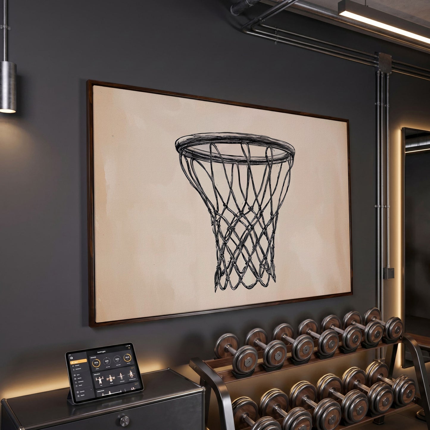 Minimalist Basketball Hoop Line Art Canvas in dark walnut floating frame