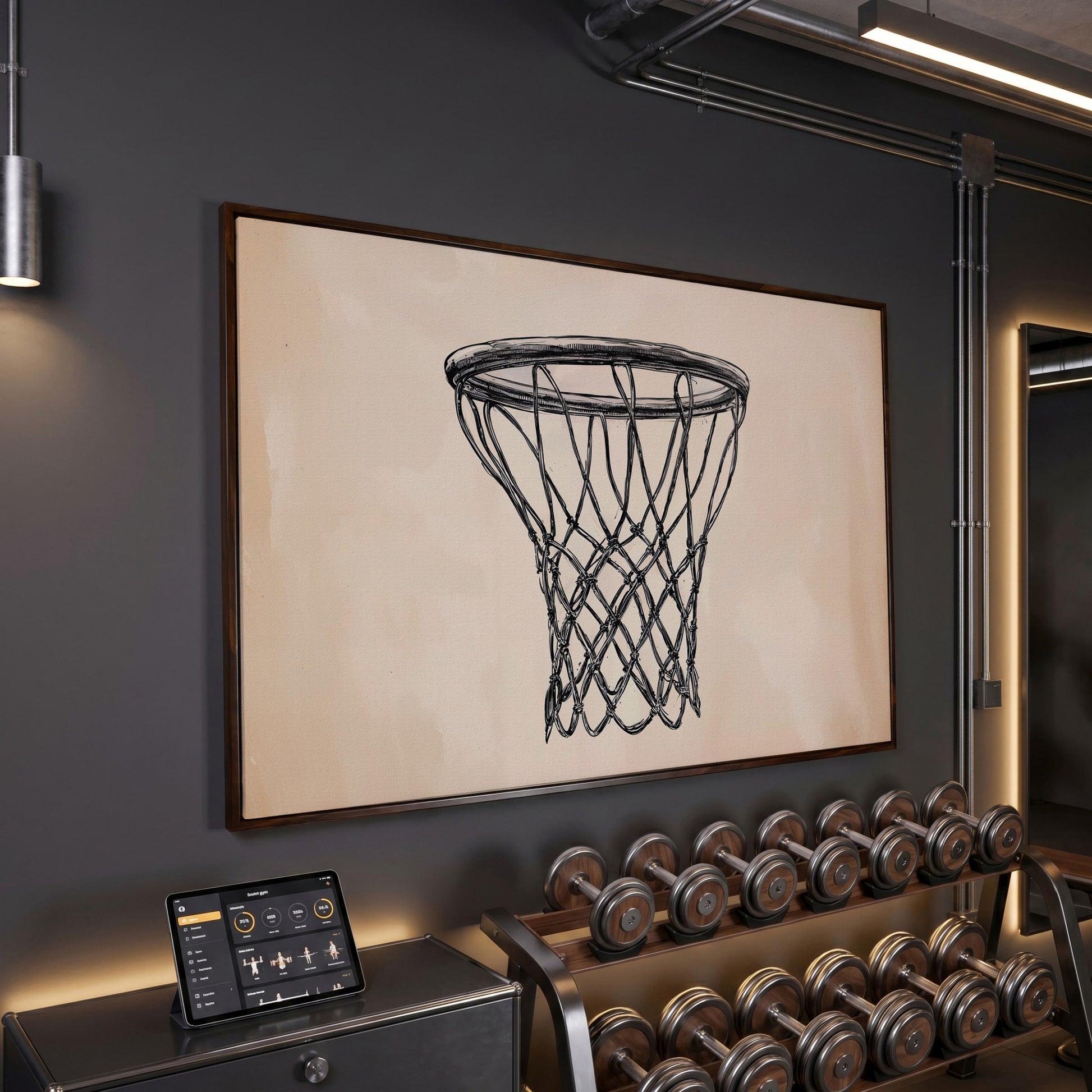 Minimalist Basketball Hoop Line Art Canvas in dark walnut floating frame