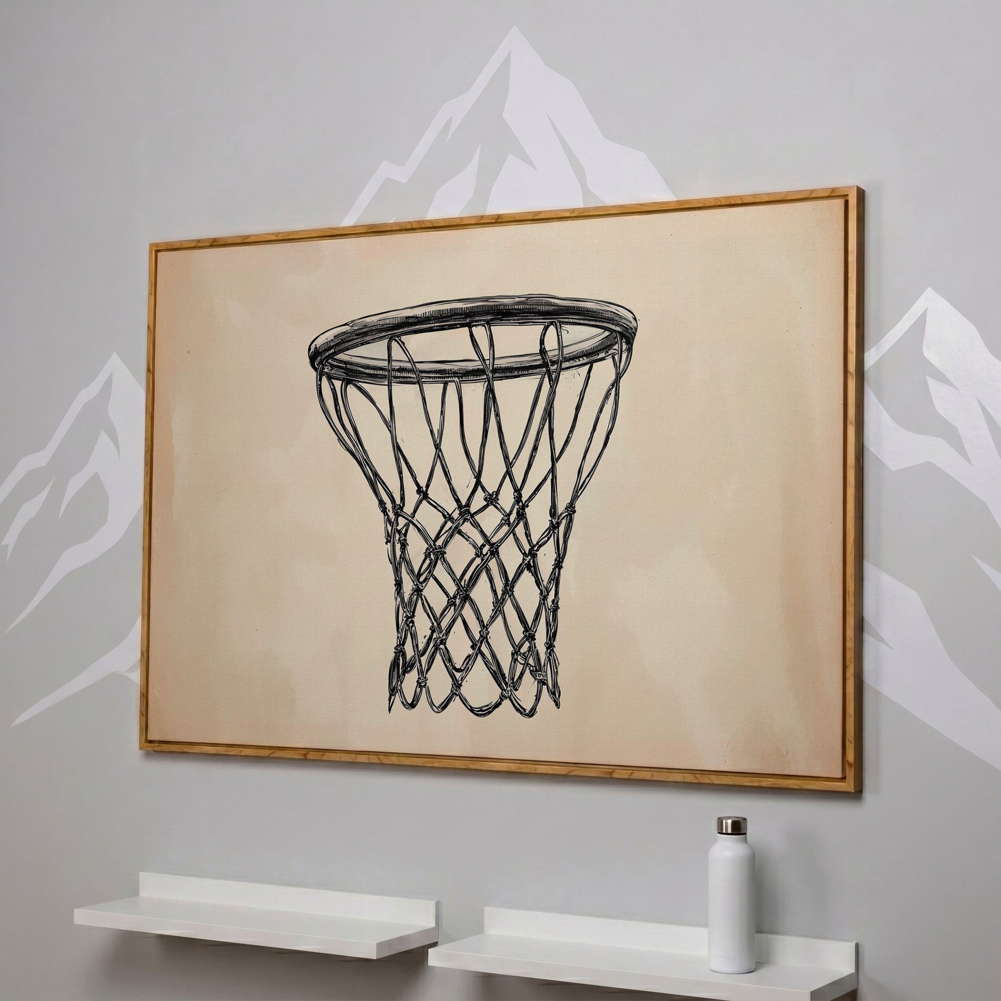 Minimalist Basketball Hoop Line Art Canvas in white oak floating frame