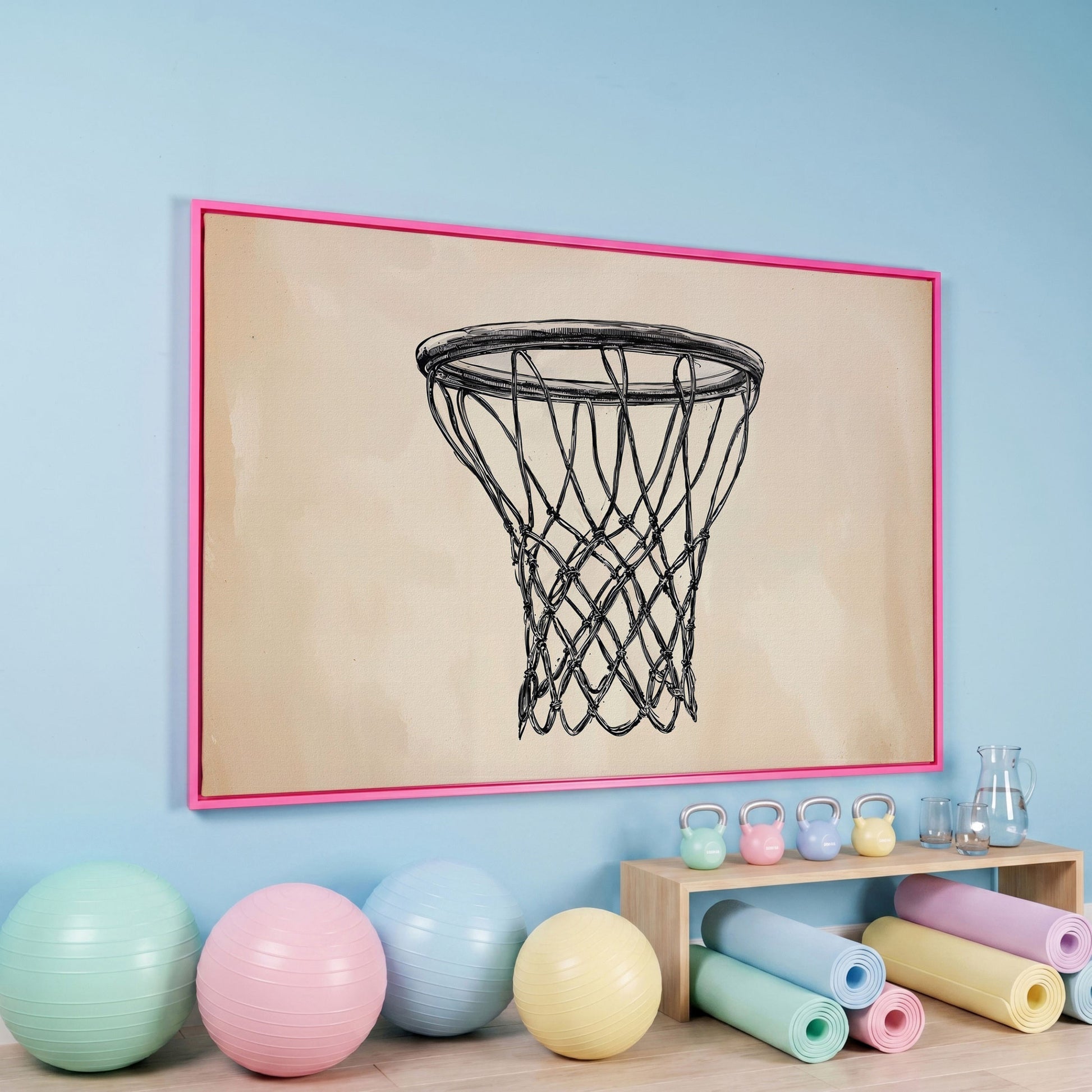 Minimalist Basketball Hoop Line Art Canvas in pink floating frame
