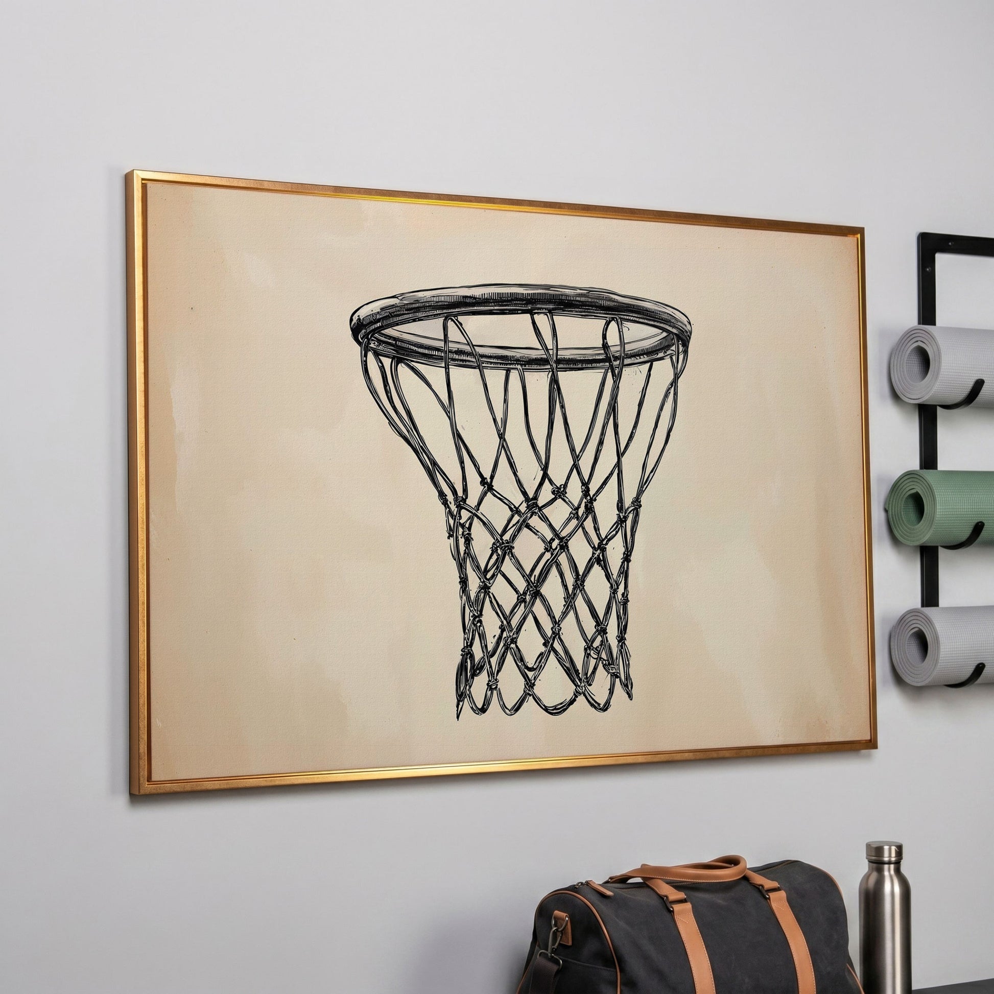 Minimalist Basketball Hoop Line Art Canvas in rose gold floating frame