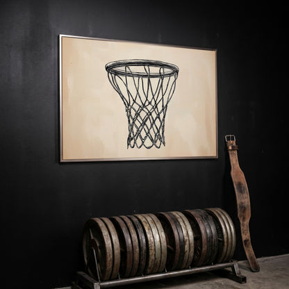 Minimalist Basketball Hoop Line Art Canvas in silver floating frame