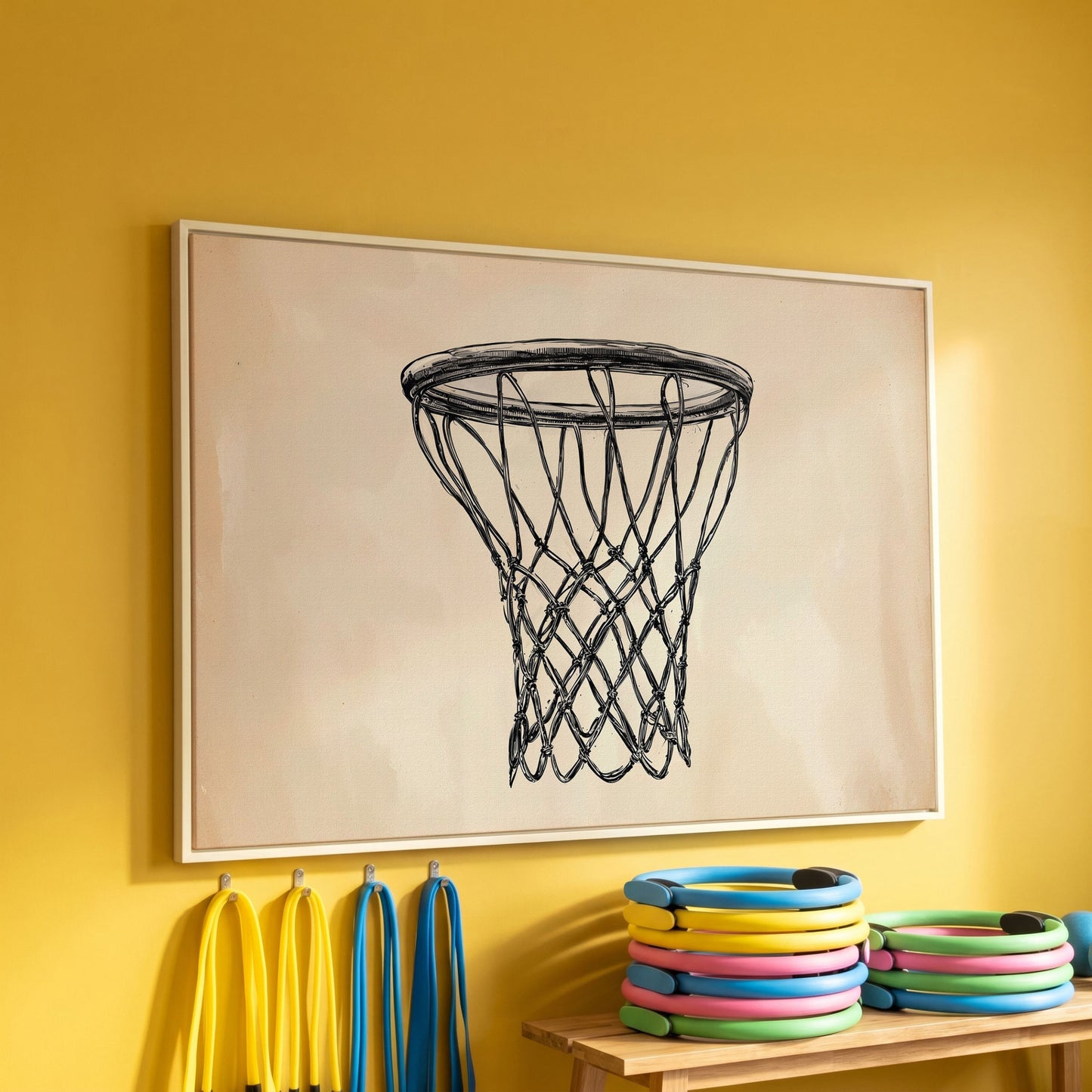 Minimalist Basketball Hoop Line Art Canvas in white floating frame