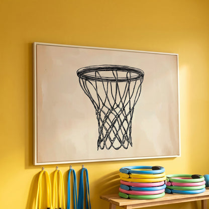 Minimalist Basketball Hoop Line Art Canvas in white floating frame