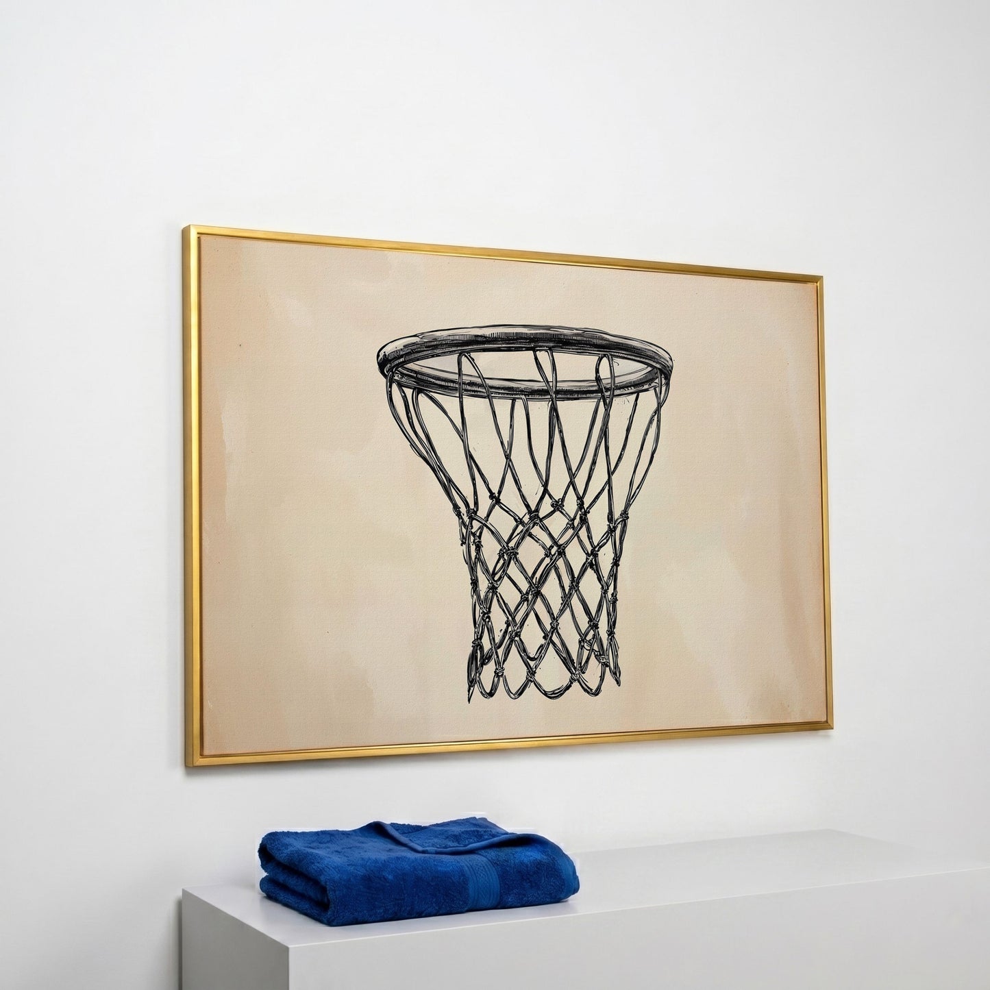 Minimalist Basketball Hoop Line Art Canvas in yellow gold floating frame