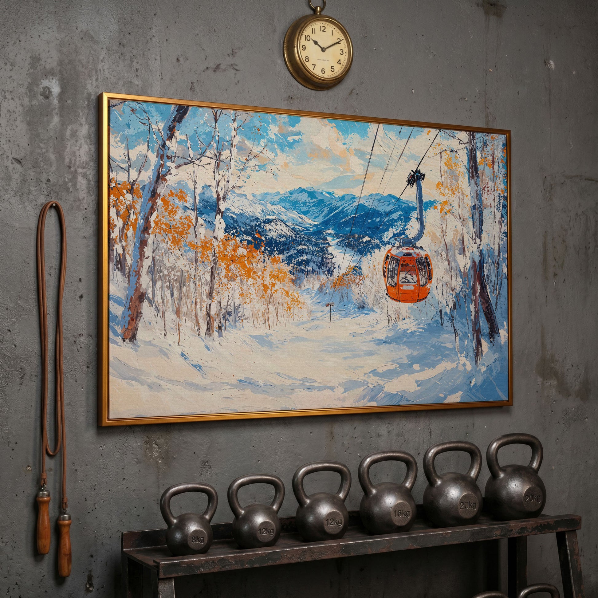Ski Lift in Winter Light Canvas Print in antique gold floating frame