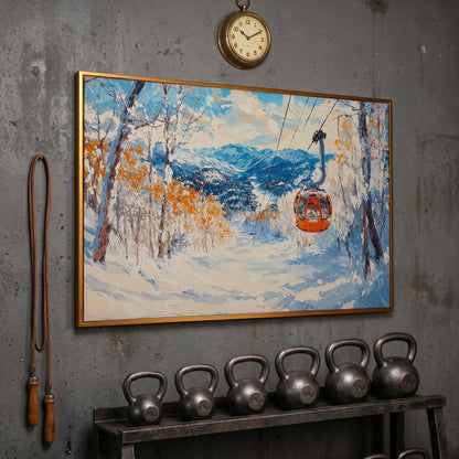 Ski Lift in Winter Light Canvas Print in antique gold floating frame