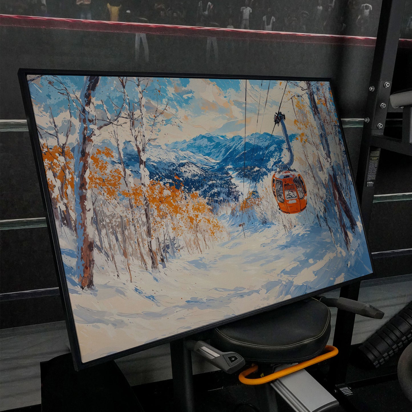 Ski Lift in Winter Light Canvas Print in black floating frame