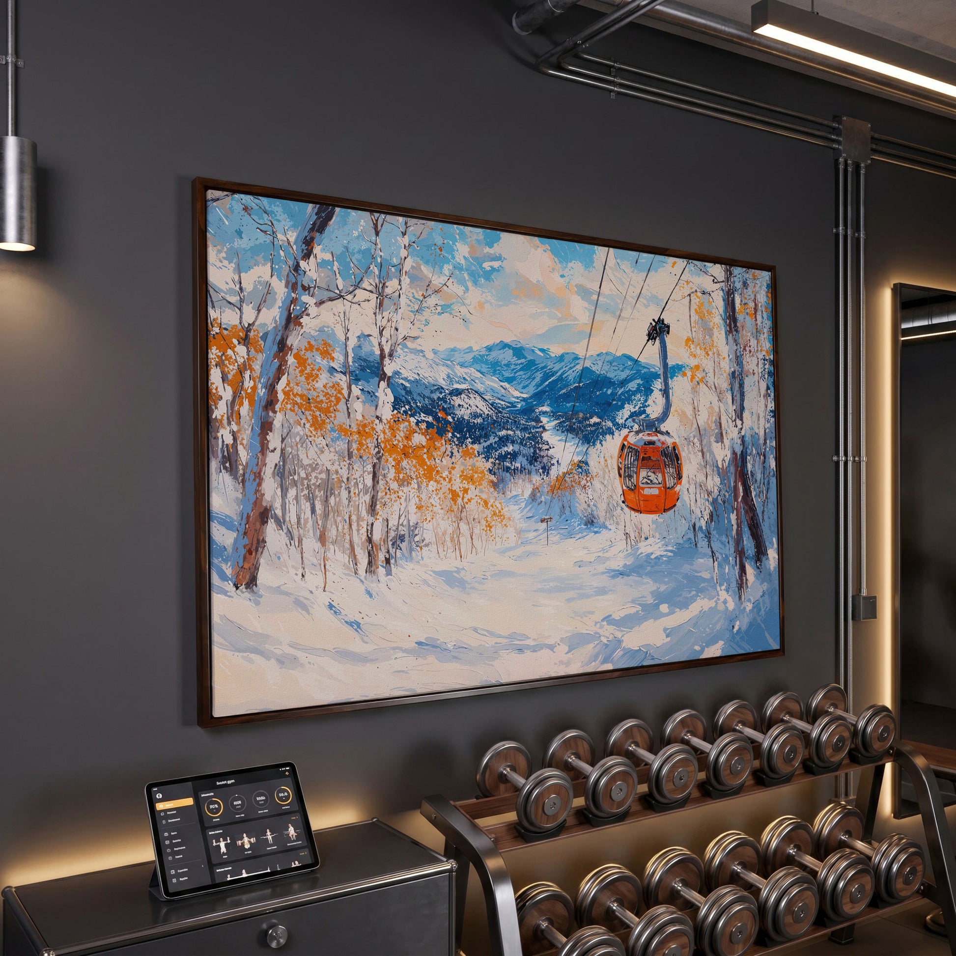 Ski Lift in Winter Light Canvas Print in dark walnut floating frame