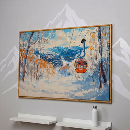 Ski Lift in Winter Light Canvas Print in white oak floating frame