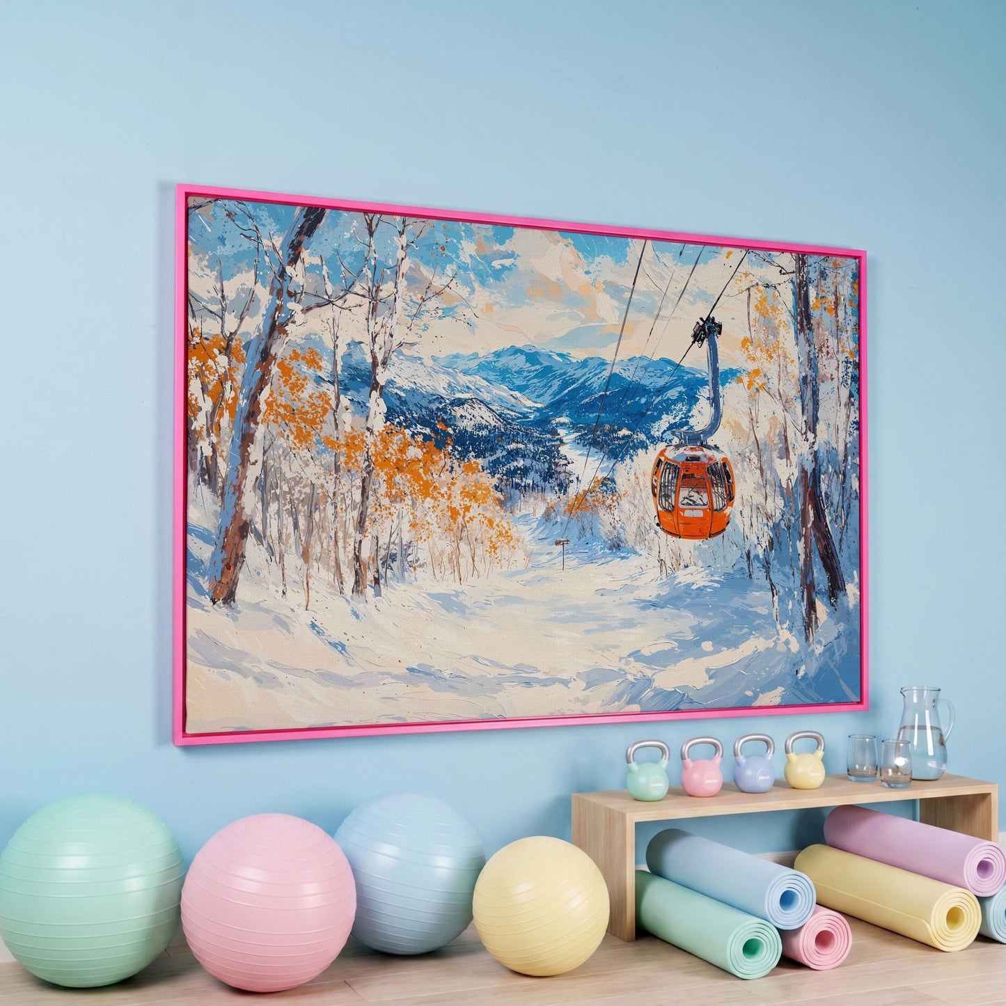 Ski Lift in Winter Light Canvas Print in pink floating frame