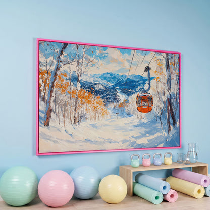Ski Lift in Winter Light Canvas Print in pink floating frame