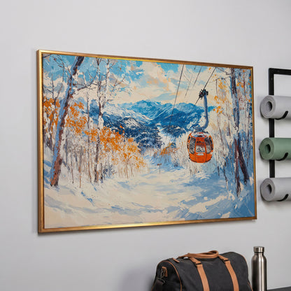 Ski Lift in Winter Light Canvas Print in rose gold floating frame
