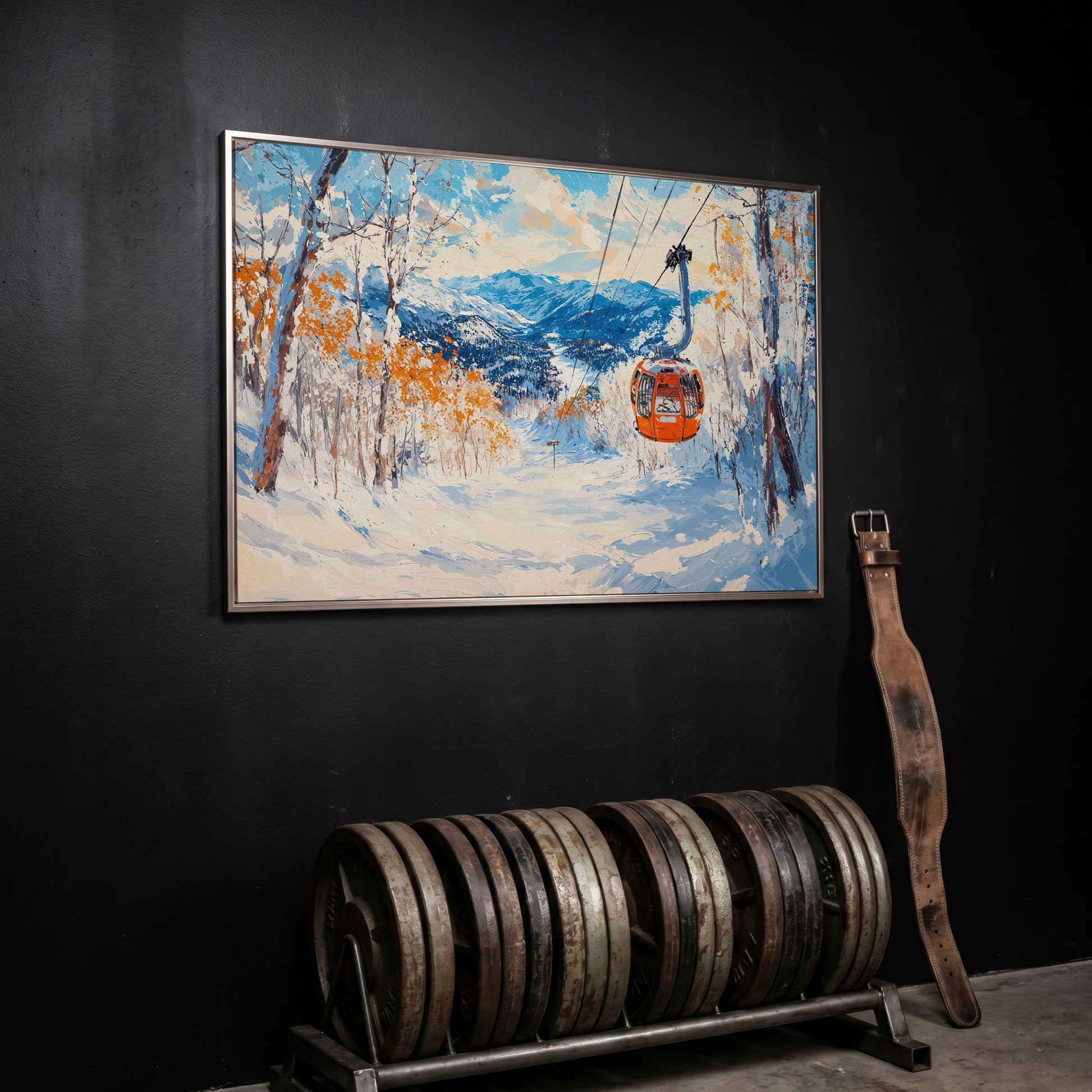 Ski Lift in Winter Light Canvas Print in silver floating frame