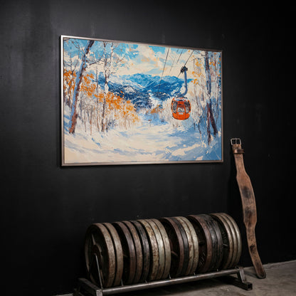 Ski Lift in Winter Light Canvas Print in silver floating frame