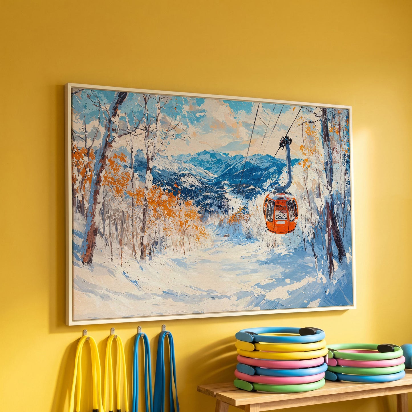 Ski Lift in Winter Light Canvas Print in white floating frame