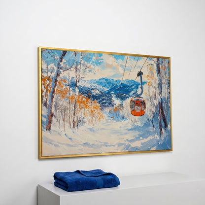 Ski Lift in Winter Light Canvas Print in yellow gold floating frame