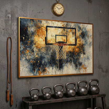 Basketball Hoop Abstract Canvas in Sienna and Charcoal in antique gold floating frame