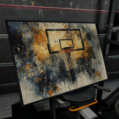 Basketball Hoop Abstract Canvas in Sienna and Charcoal in black floating frame