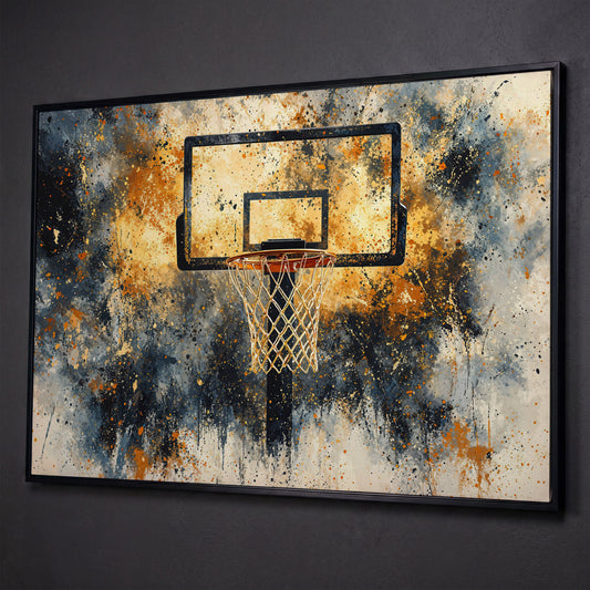 Basketball Hoop Abstract Canvas in Sienna and Charcoal shown in black floating frame