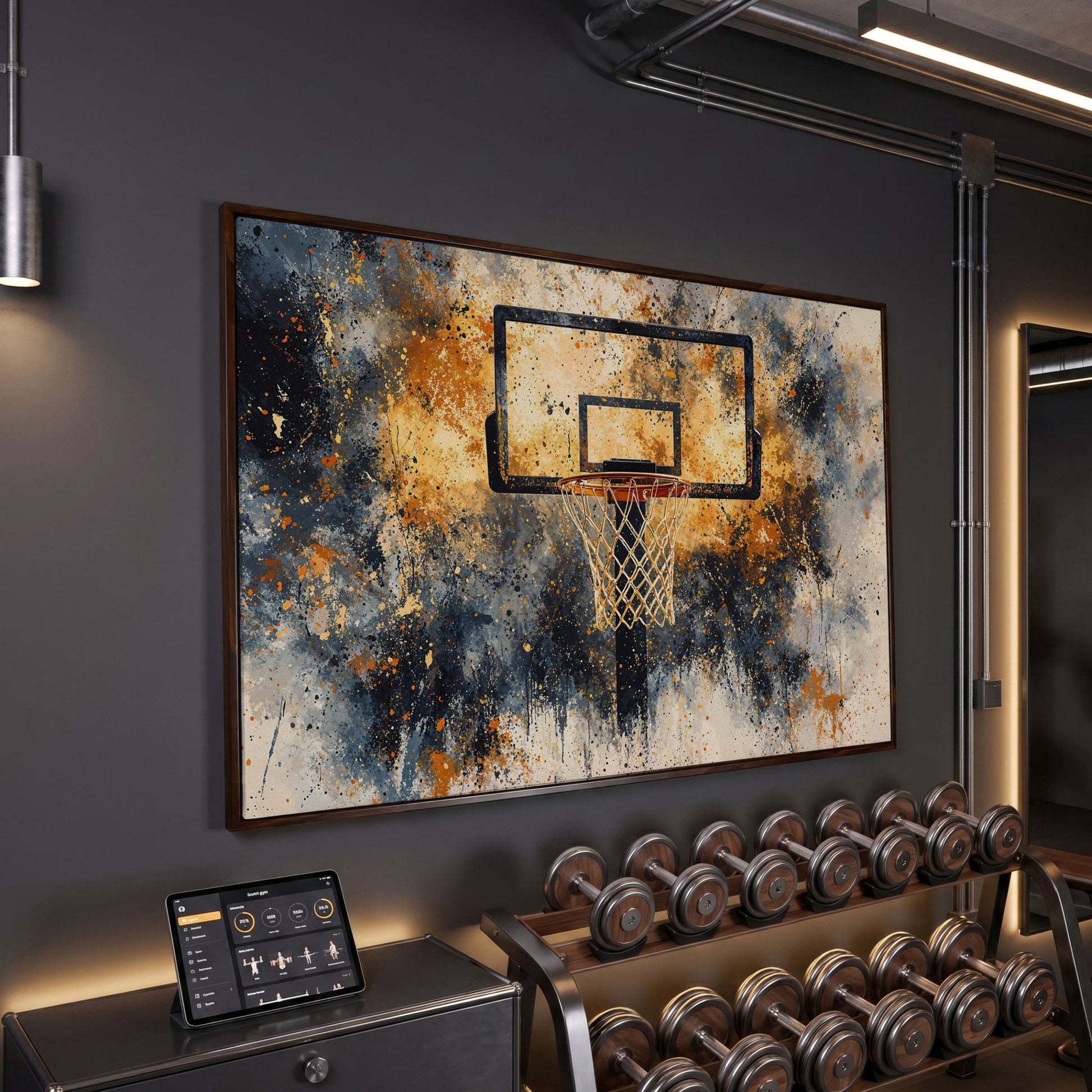 Basketball Hoop Abstract Canvas in Sienna and Charcoal in dark walnut floating frame