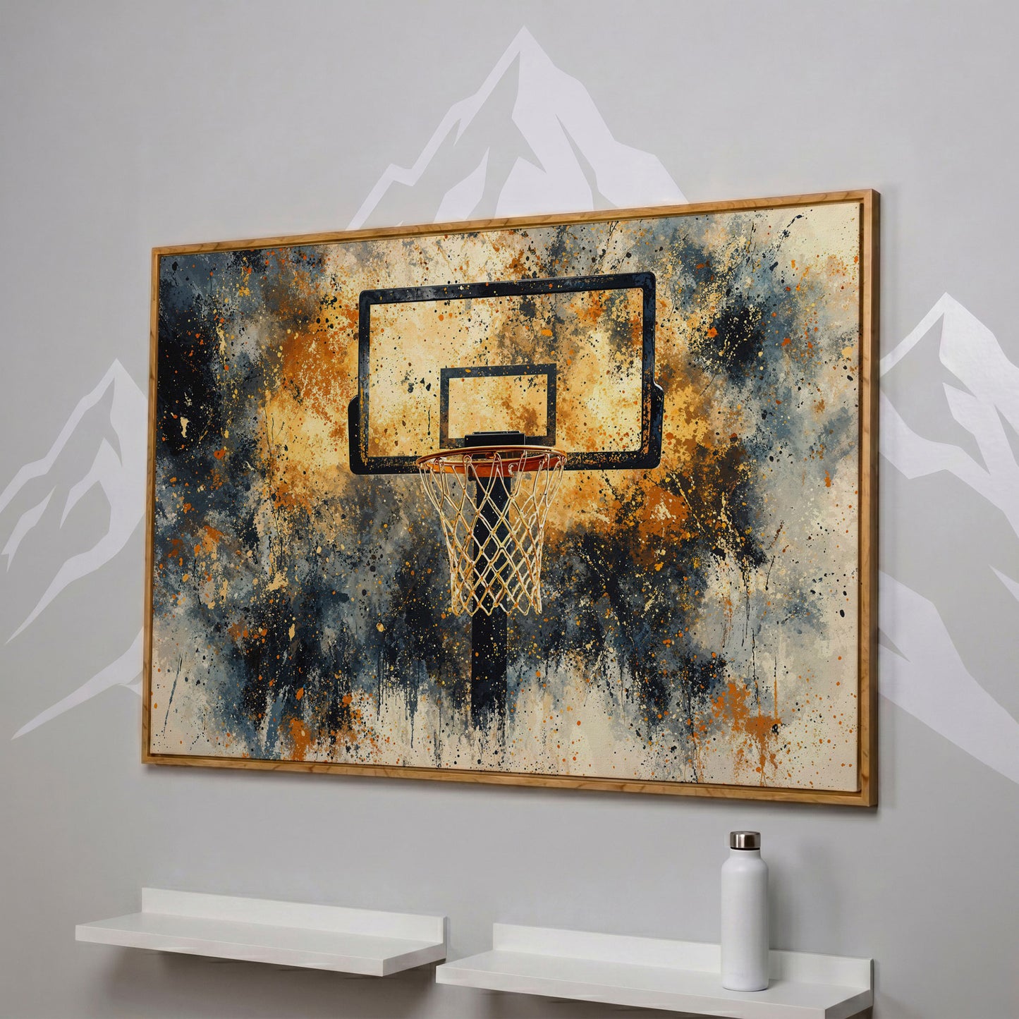 Basketball Hoop Abstract Canvas in Sienna and Charcoal in white oak floating frame