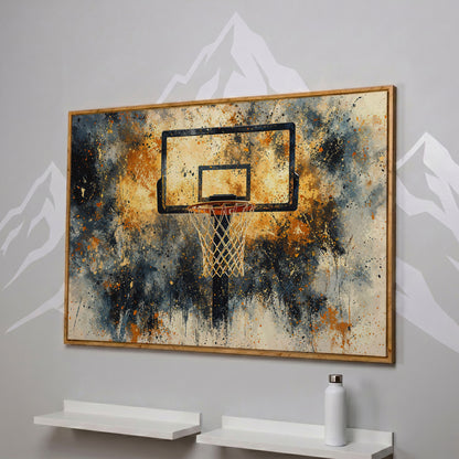 Basketball Hoop Abstract Canvas in Sienna and Charcoal in white oak floating frame