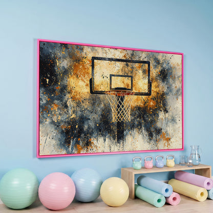 Basketball Hoop Abstract Canvas in Sienna and Charcoal in pink floating frame