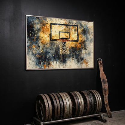 Basketball Hoop Abstract Canvas in Sienna and Charcoal in silver floating frame
