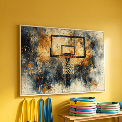 Basketball Hoop Abstract Canvas in Sienna and Charcoal in white floating frame