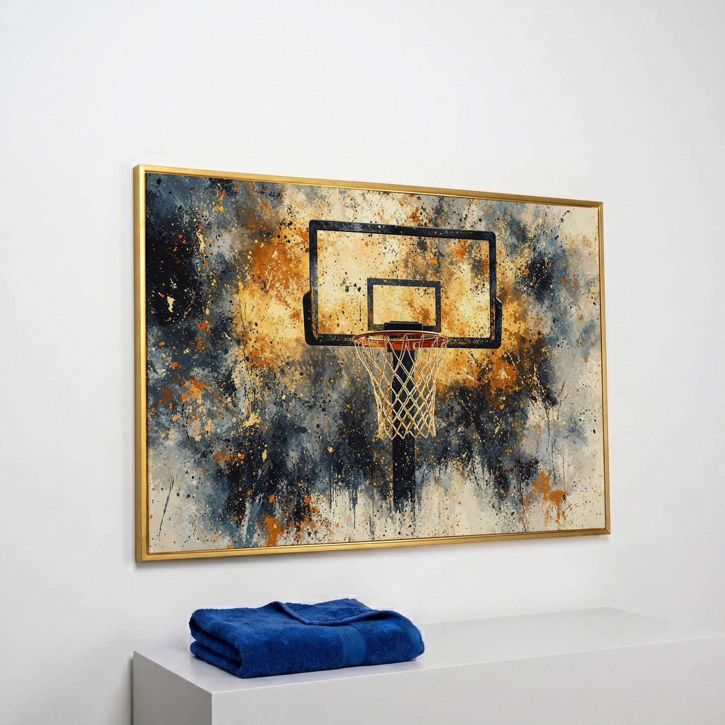 Basketball Hoop Abstract Canvas in Sienna and Charcoal in yellow gold floating frame