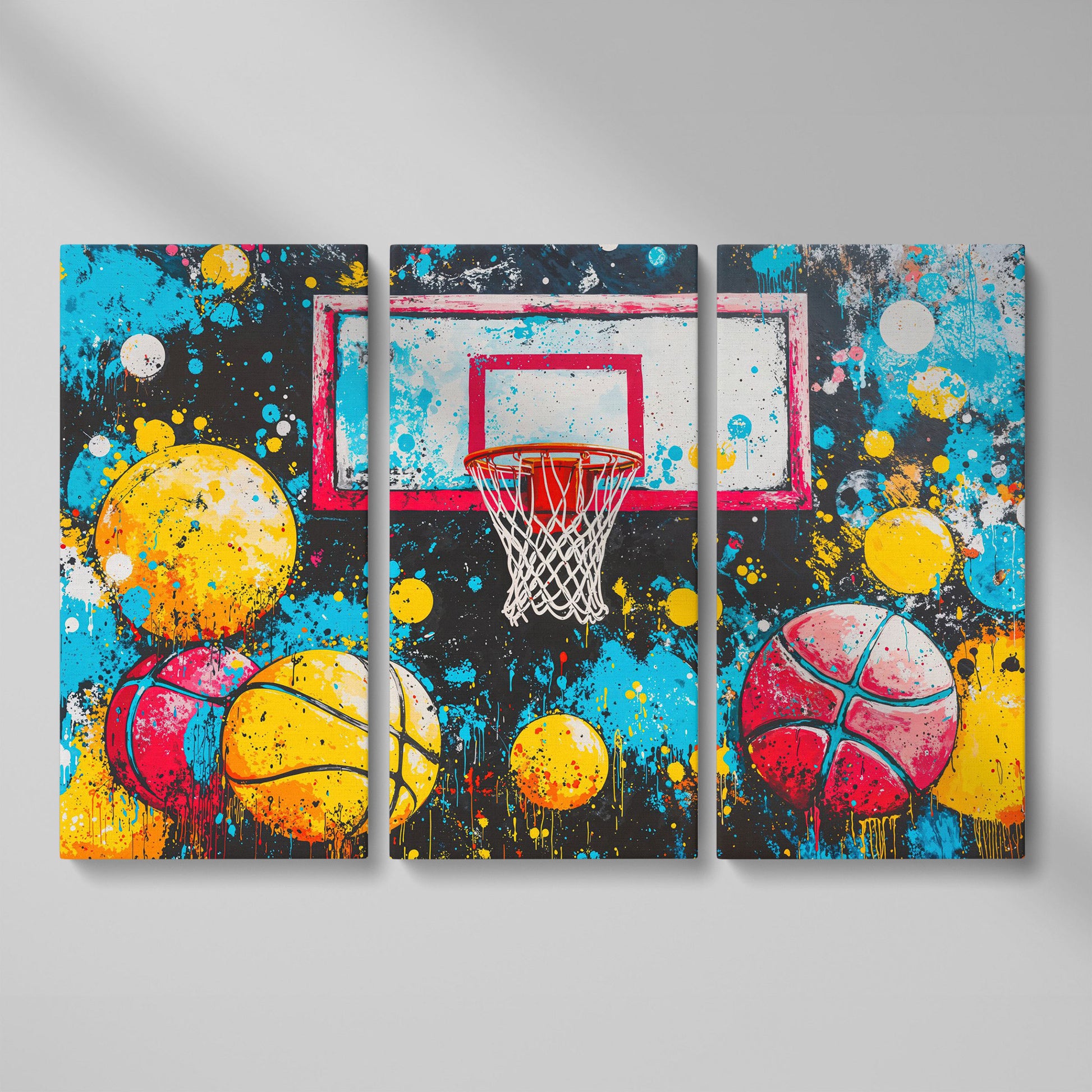 Colorful Basketball Hoop Canvas Print with Paint Splatter as 3-panel split version