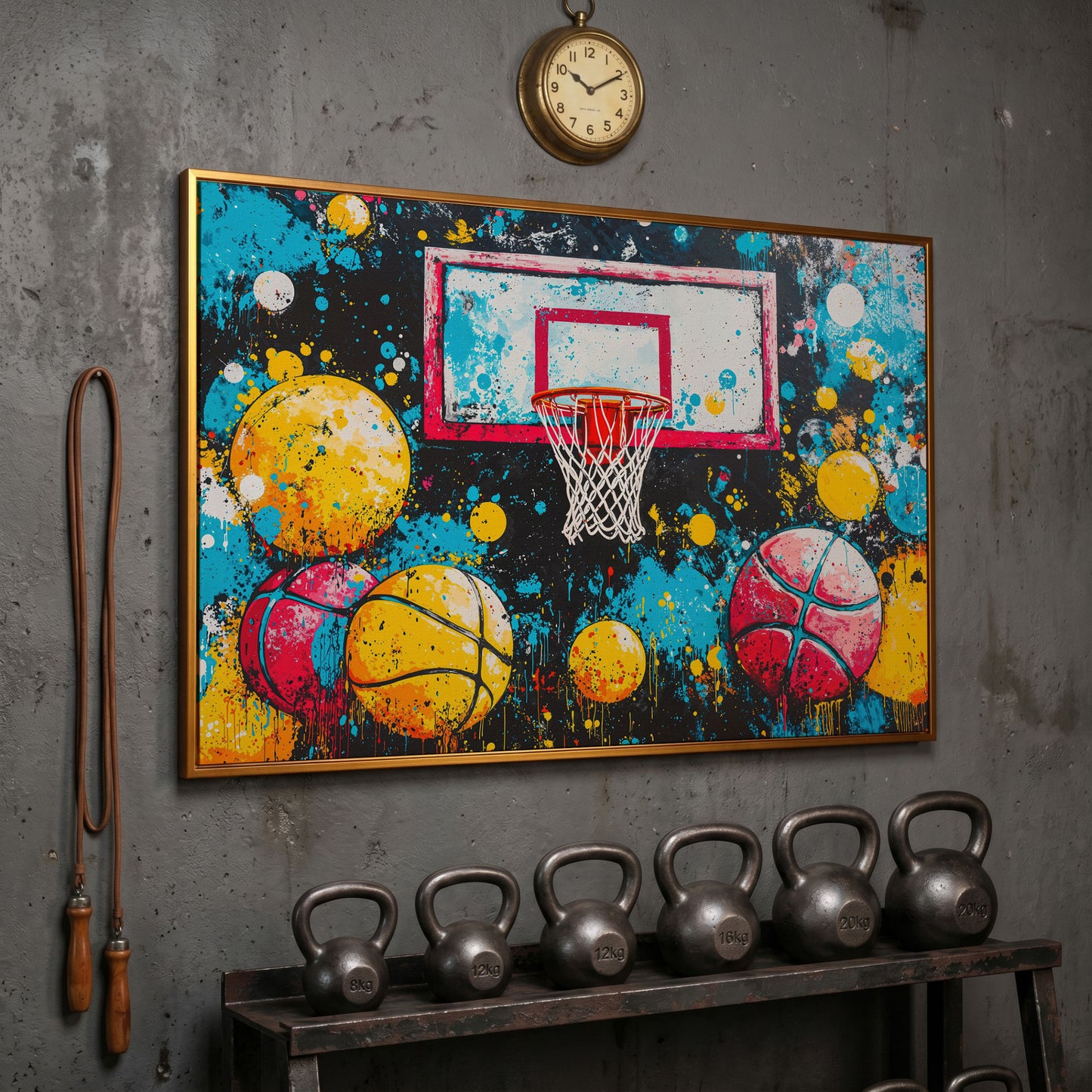 Colorful Basketball Hoop Canvas Print with Paint Splatter in antique gold floating frame