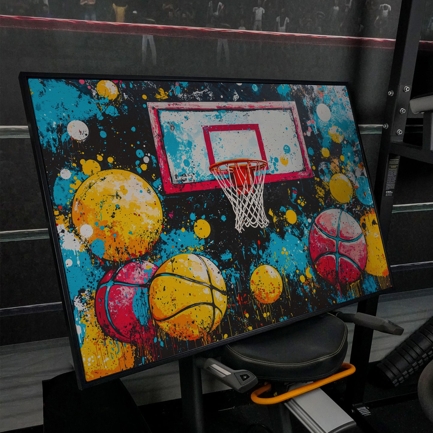 Colorful Basketball Hoop Canvas Print with Paint Splatter in black floating frame