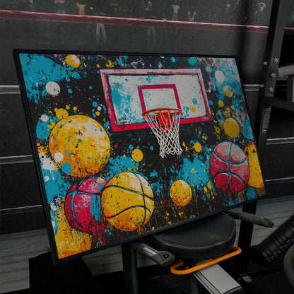 Colorful Basketball Hoop Canvas Print with Paint Splatter in black floating frame