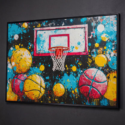 Colorful Basketball Hoop Canvas Print with Paint Splatter shown in black floating frame