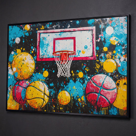 Colorful Basketball Hoop Canvas Print with Paint Splatter shown in black floating frame