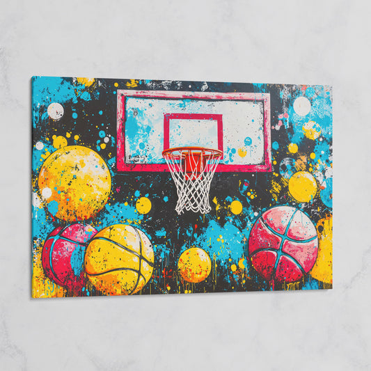 Colorful Basketball Hoop Canvas Print with Paint Splatter on gallery wrap